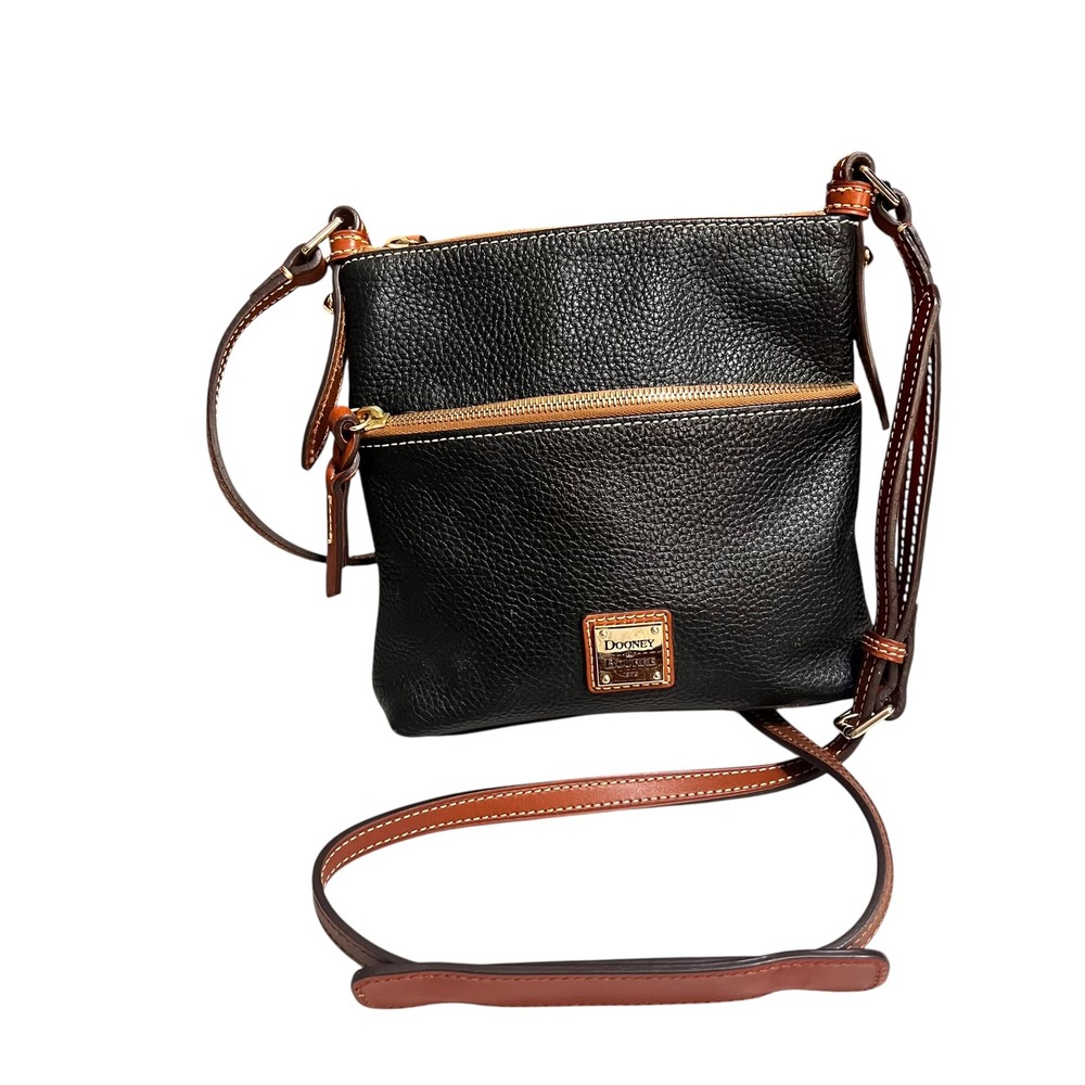 Dooney & Bourke Black Pebble Grain‎ Leather Crossbody Tan Trim Small Messenger